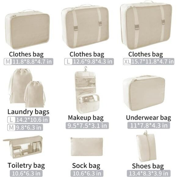 10 Piece Packing Cubes Travel Luggage Organizer Set Suitcase Carry On Bags Beige - Picture 3 of 7
